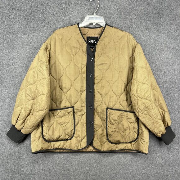 Zara Jacket Womens Medium Large Tan Quilted Button Front Pockets Oversized - Picture 1 of 16